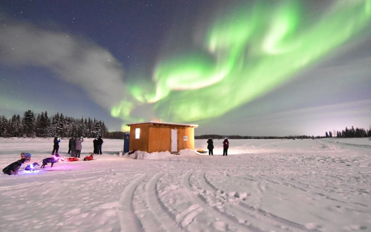 A green glow in the night sky above a log cabin, with sled dogs in the snow below