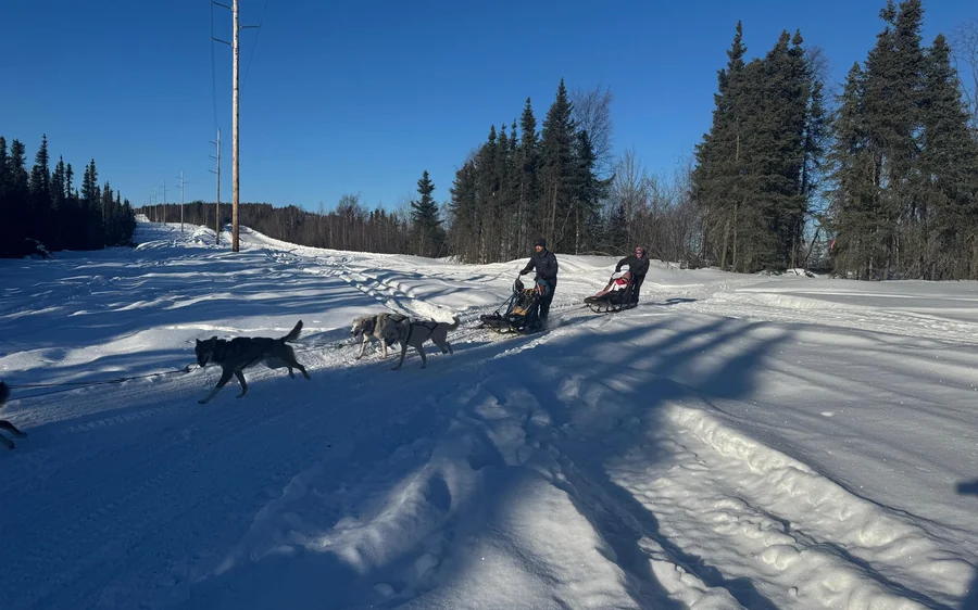 A musher and a passenger on a sled behind a dog team on an open snow trail under a blue sky